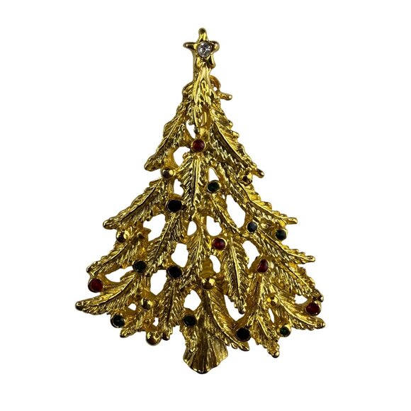 Vintage Gold Tone Christmas Tree Brooch With Rhinestone Accents Holiday Jewelry - Picture 1 of 4